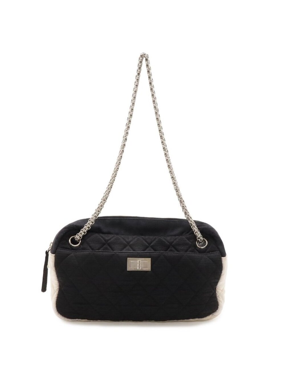 Chanel 2.55 Shoulder Bag Chain Bicolor Satin Canvas Black Ivory White Silver